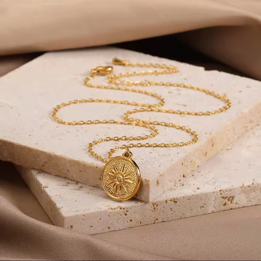 Sale 18 Gold Sun Ray Pendant Necklace 
Boho Coin Jewelry